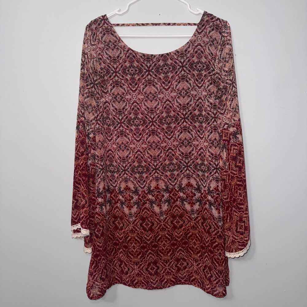 Xhilaration Women's Long Sleeve Tunic Dress Burgundy Geometric Pattern - Medium